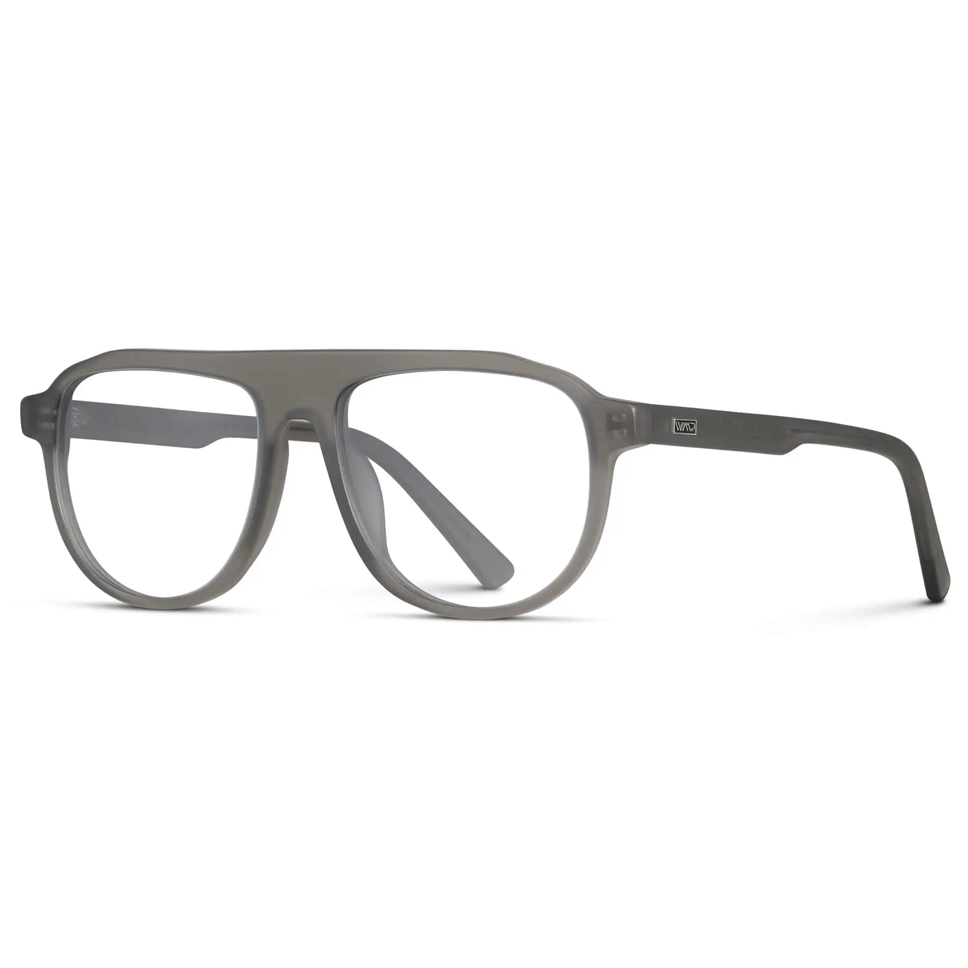 Frosted Graphite || Side view of Men's Aviator Prescription Eyeglasses with Frosted Graphite Frame and Clear Lenses on a white background
