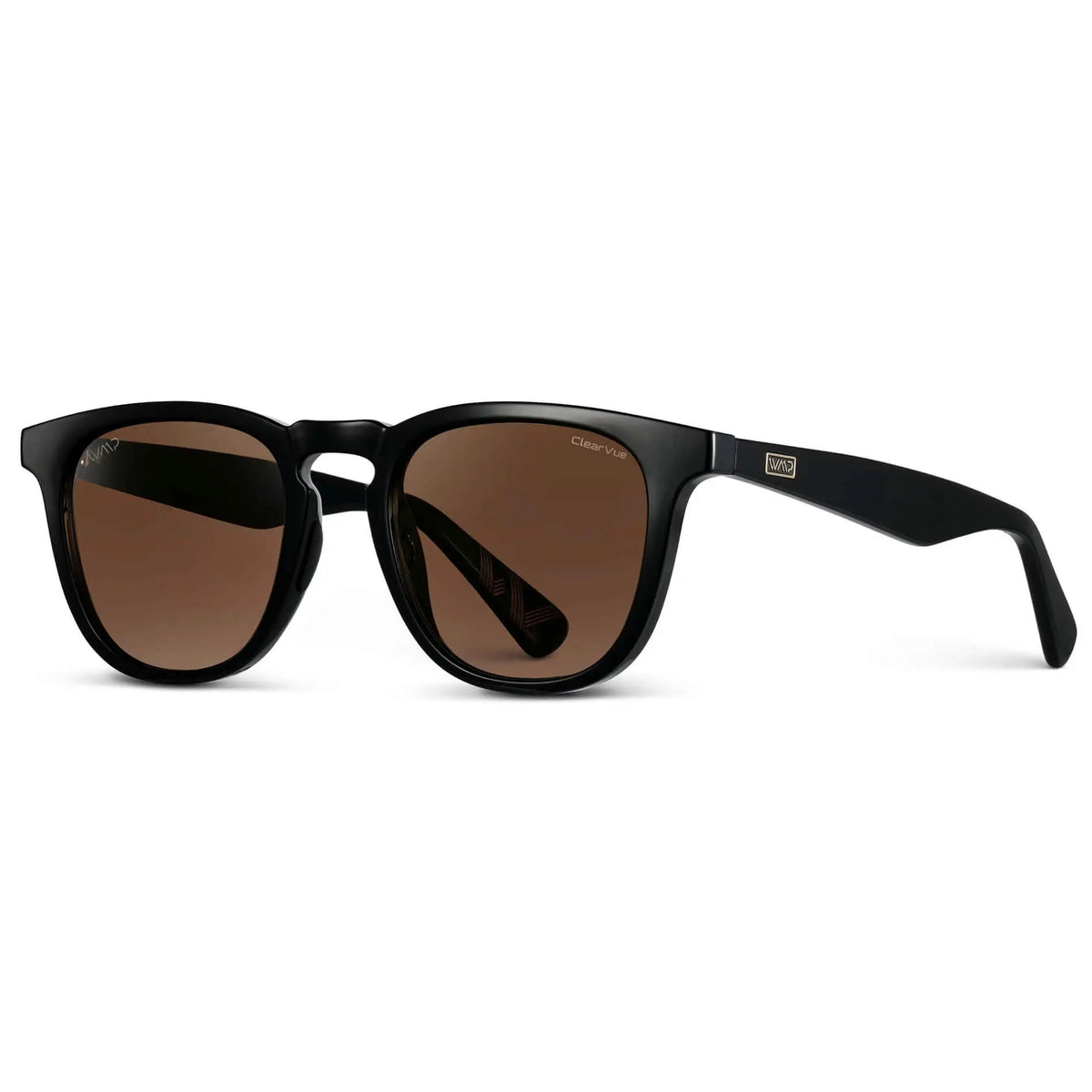 Side view of Men's Medium Fit Round Polarized Golf Sunglasses with Black Frame and Brown Lens on a white background