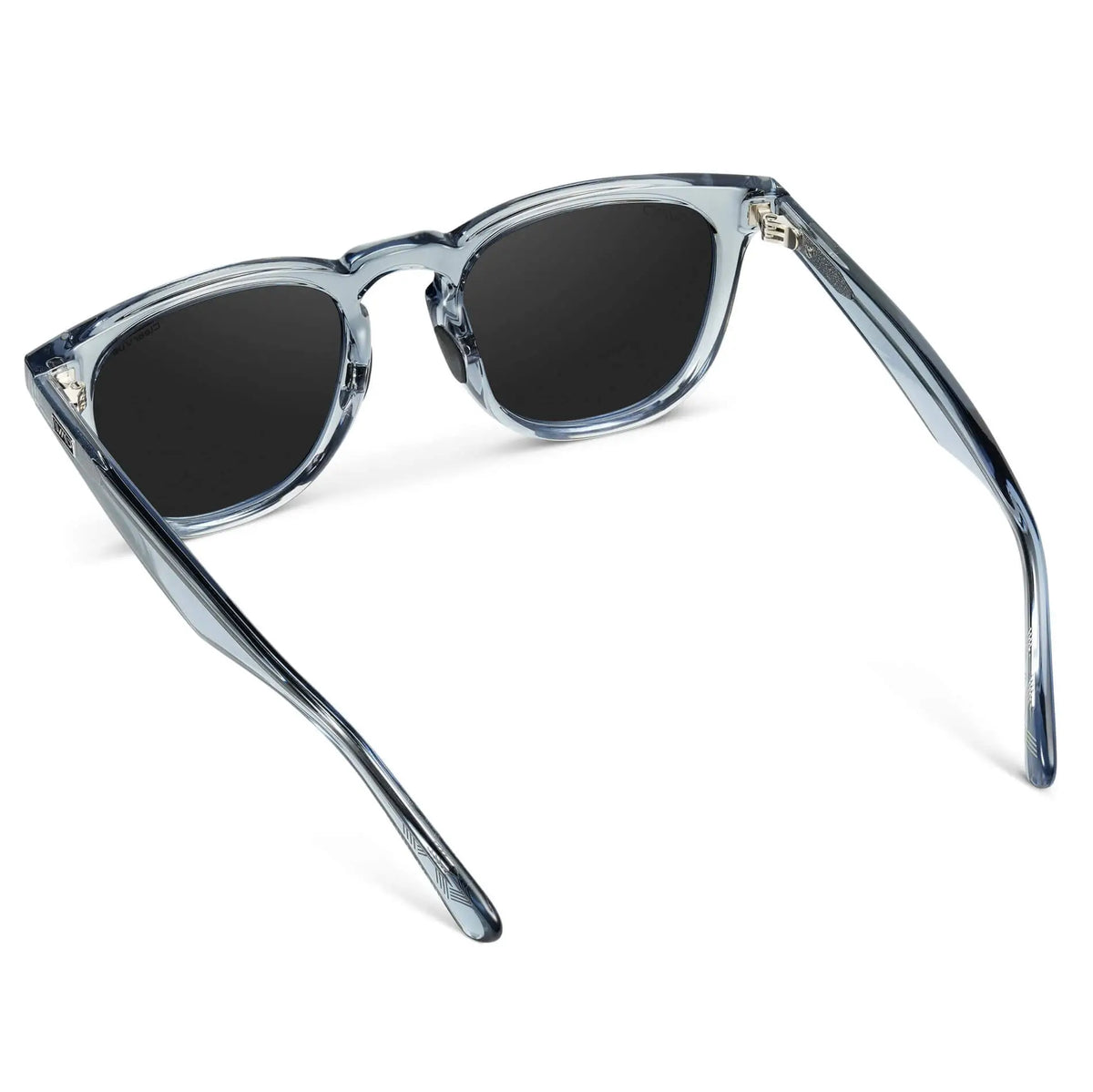 Back view of Men's Wide Fit Round Polarized Golf Sunglasses with Denim Blue Frame and Black Lens on a white background