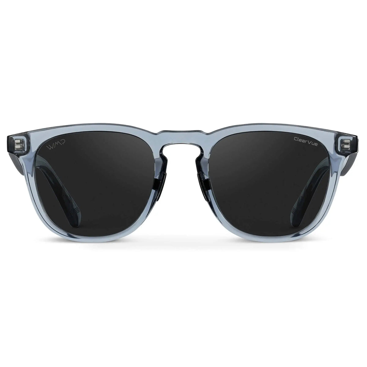 Front view of Men's Medium Fit Round Polarized Golf Sunglasses with Denim Blue Frame and Black Lens on a white background
