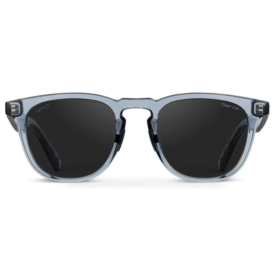 Denim Blue / Black Lens / Wide || Front view of Men's Wide Fit Round Polarized Golf Sunglasses with Denim Blue Frame and Black Lens on a white background