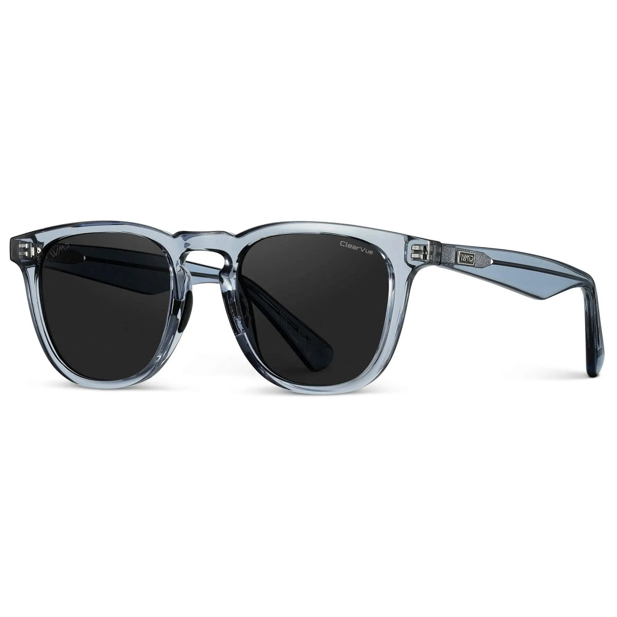 Side view of Men's Medium Fit Round Polarized Golf Sunglasses with Denim Blue Frame and Black Lens on a white background