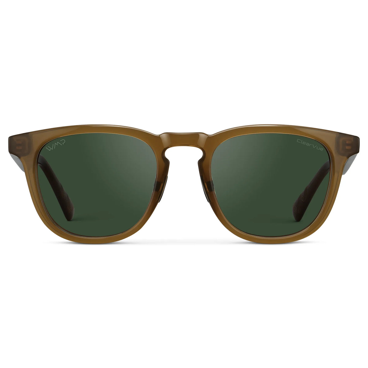 Front view of Men's Medium Fit Round Polarized Golf Sunglasses with Dune Brown Frame and Smoke Green Lens on a white background
