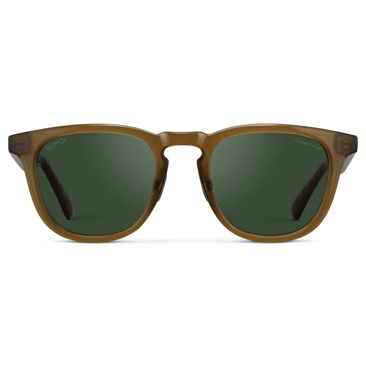 Dune Brown / Smoke Green Lens || Dune Brown Men's  Round Frame Sunglasses with Brown Polarized Lenses on a white background