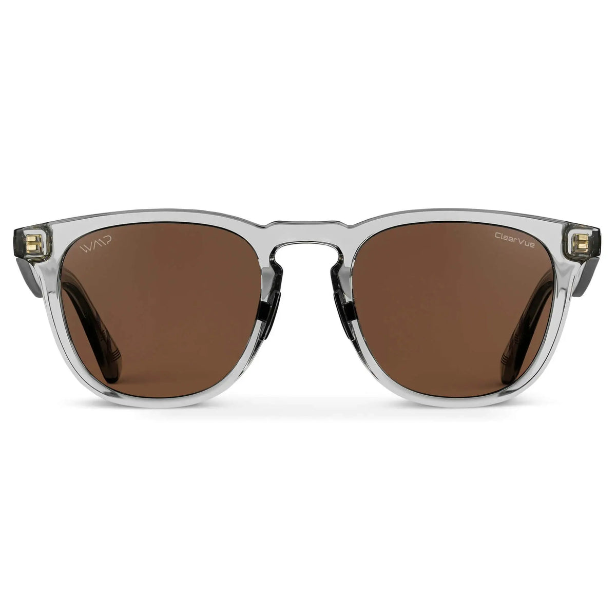 Front view of Men's Medium Fit Round Polarized Golf Sunglasses with Crystal Ice Grey Frame and Brown Lens on a white background