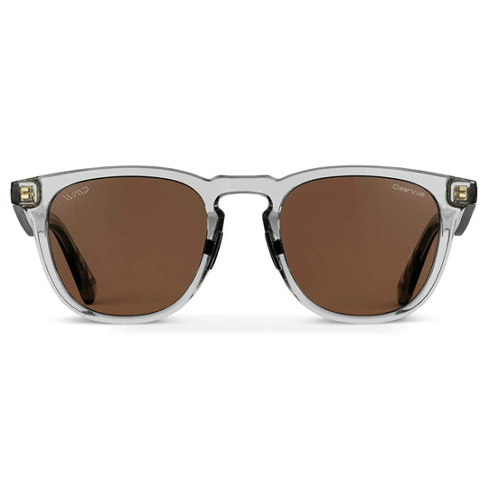 Crystal Ice Grey / Brown Lens || Clear Round Frame Sunglasses with Brown Polarized Lenses