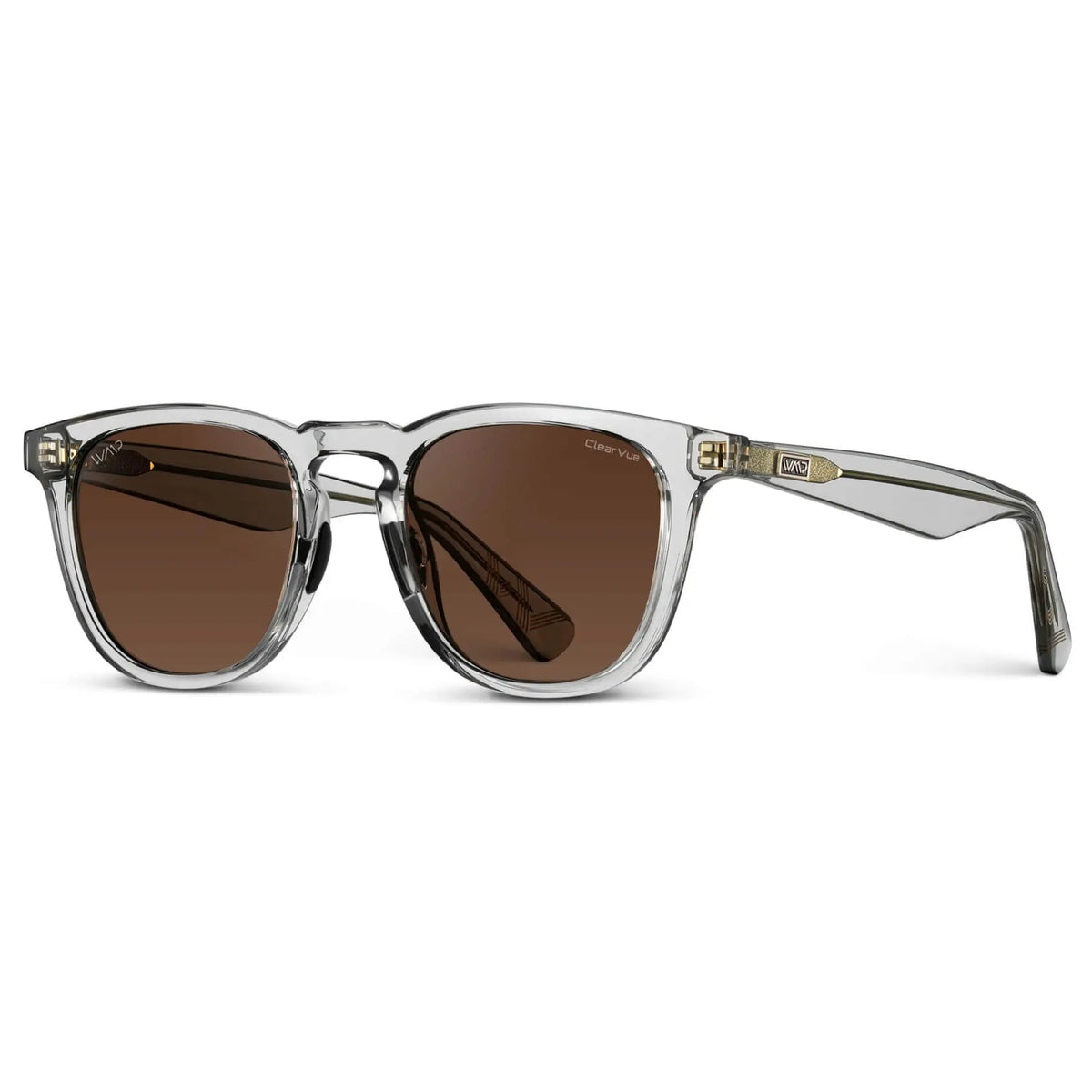 Side view of Men's Wide Fit Round Polarized Golf Sunglasses with Crystal Ice Grey Frame and Brown Lens on a white background