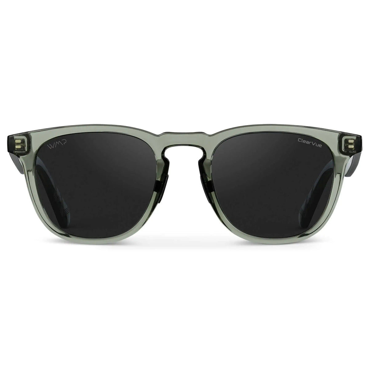 Front view of Men's Wide Fit Round Polarized Golf Sunglasses with Crystal Agave Green Frame and Black Lens on a white background