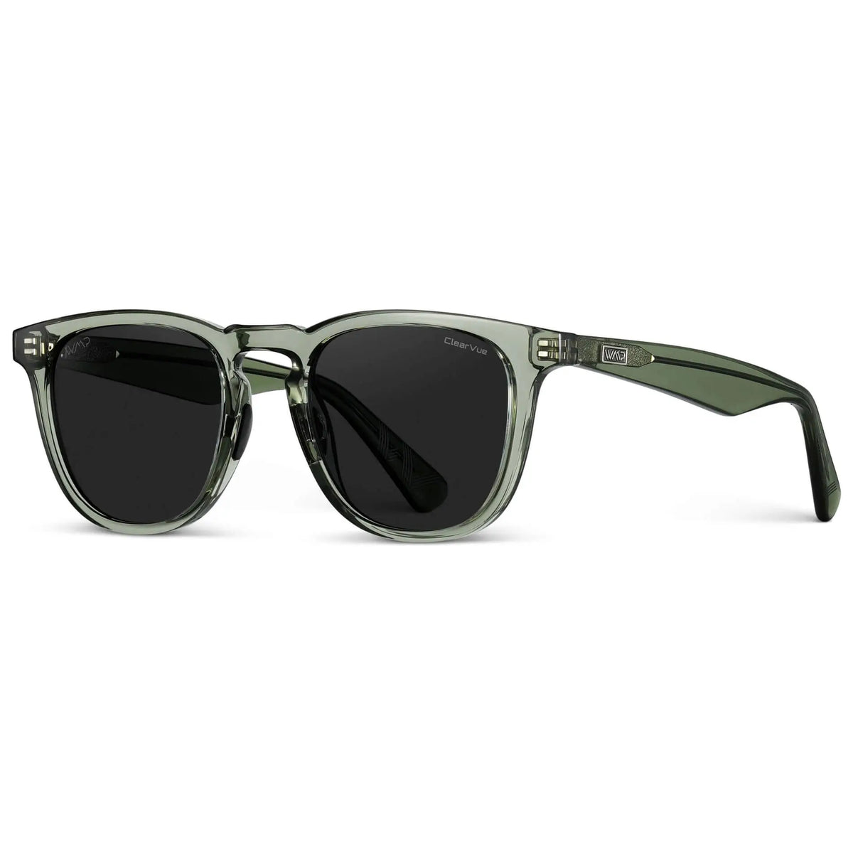 Side view of Men's Wide Fit Round Polarized Golf Sunglasses with Crystal Agave Green Frame and Black Lens on a white background
