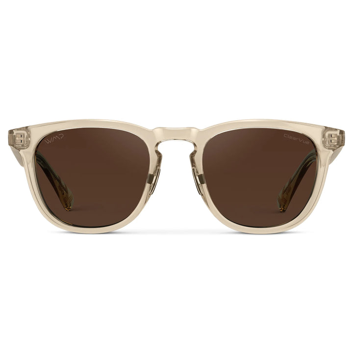 Sand Brown / Dark Brown Lens || Sand Brown Men's Round Frame Sunglasses with Dark Brown Polarized Lenses on a white background