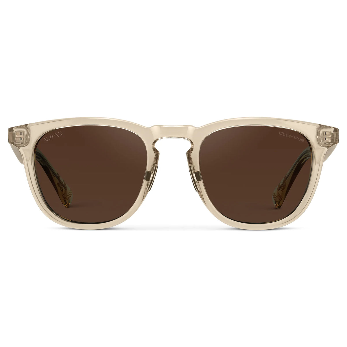 Front view of Men's Wide Fit Round Polarized Golf Sunglasses with Sand Brown Frame and Dark Brown Lens on a white background