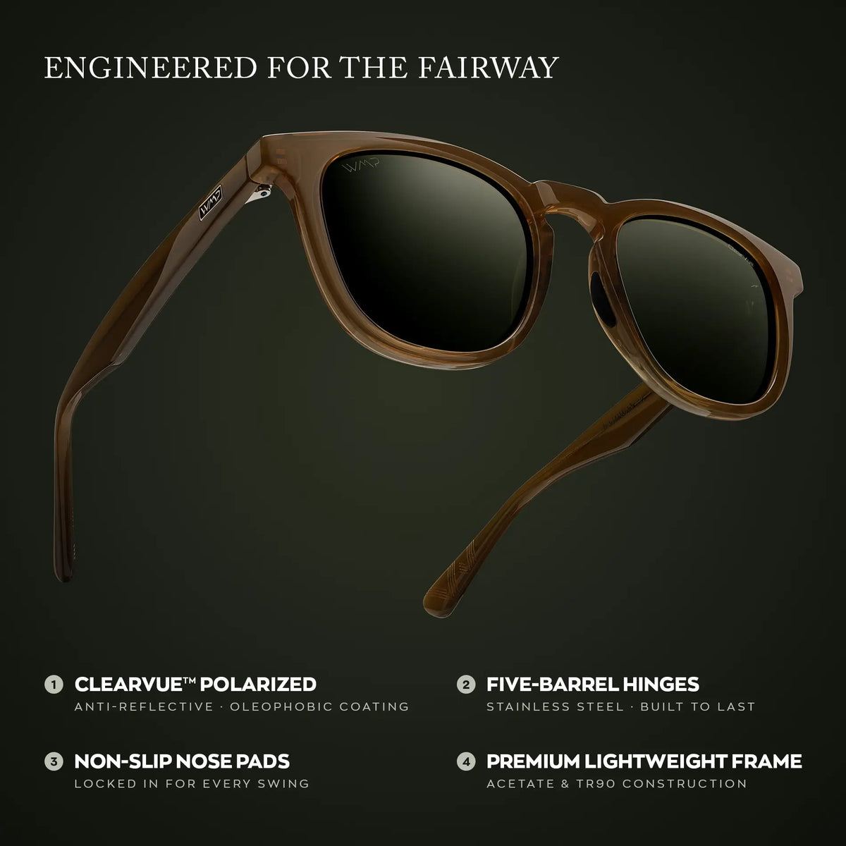 Graphic of Men's Medium Fit Round Polarized Golf Sunglasses with Dune Brown Frame and Smoke Green Lens