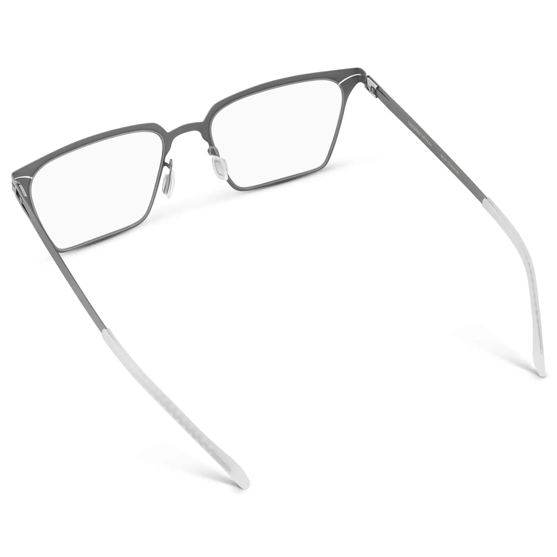 Gravity Grey || Back view of Men's Blue Light Glasses with Gravity Grey Beta Titanium Metal Frame, Screwless Hinges, and Blue Light Blocking Clear Lens on a white background 