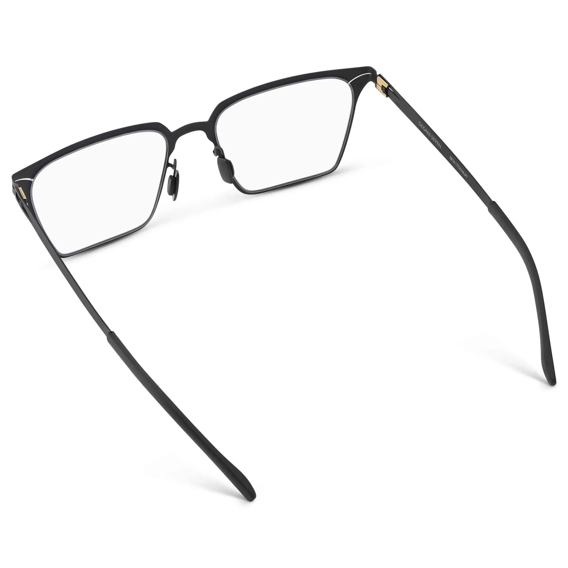 Matte Black || Back view of Men's Blue Light Glasses with Matte Black Beta Titanium Metal Frame, Screwless Hinges, and Blue Light Blocking Clear Lens on a white background 
