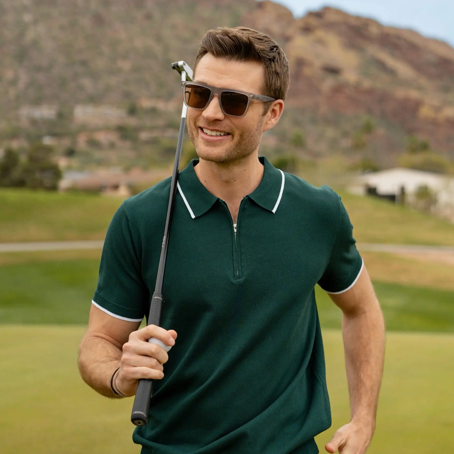 Frosted Moonrock Grey / Brown Lens || Grey Rectangle Frame Sunglasses with Brown Polarized Lenses