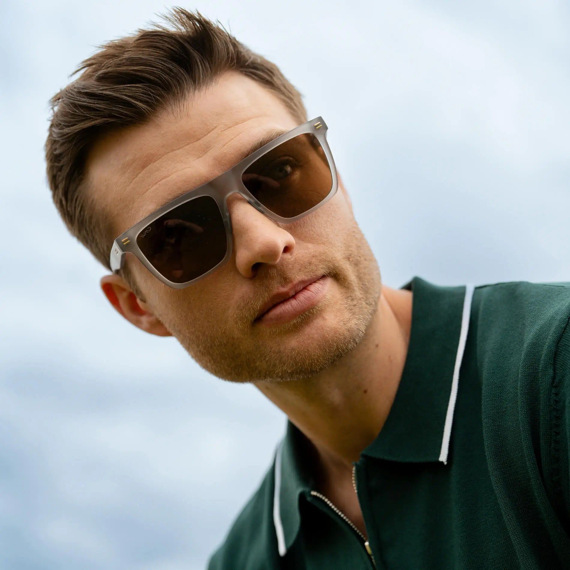 Frosted Moonrock Grey / Amber Lens || Grey Rectangle Frame Sunglasses with Brown Lenses