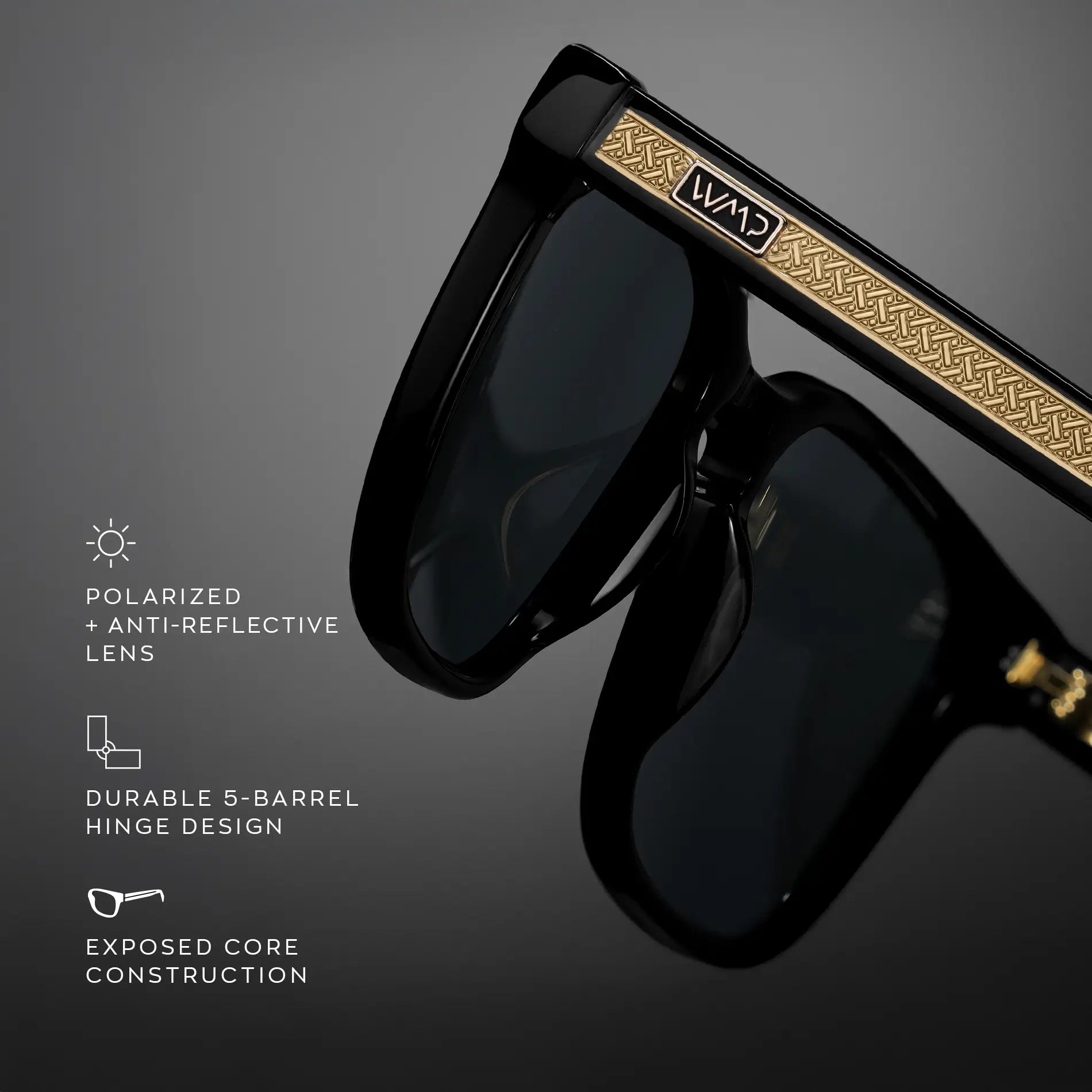 Black / Triple Black Lens || Graphic showcasing style features Exposed Core Construction, Durable 5-Barrel Hinges, and Polarized and Anti-Reflective Lens