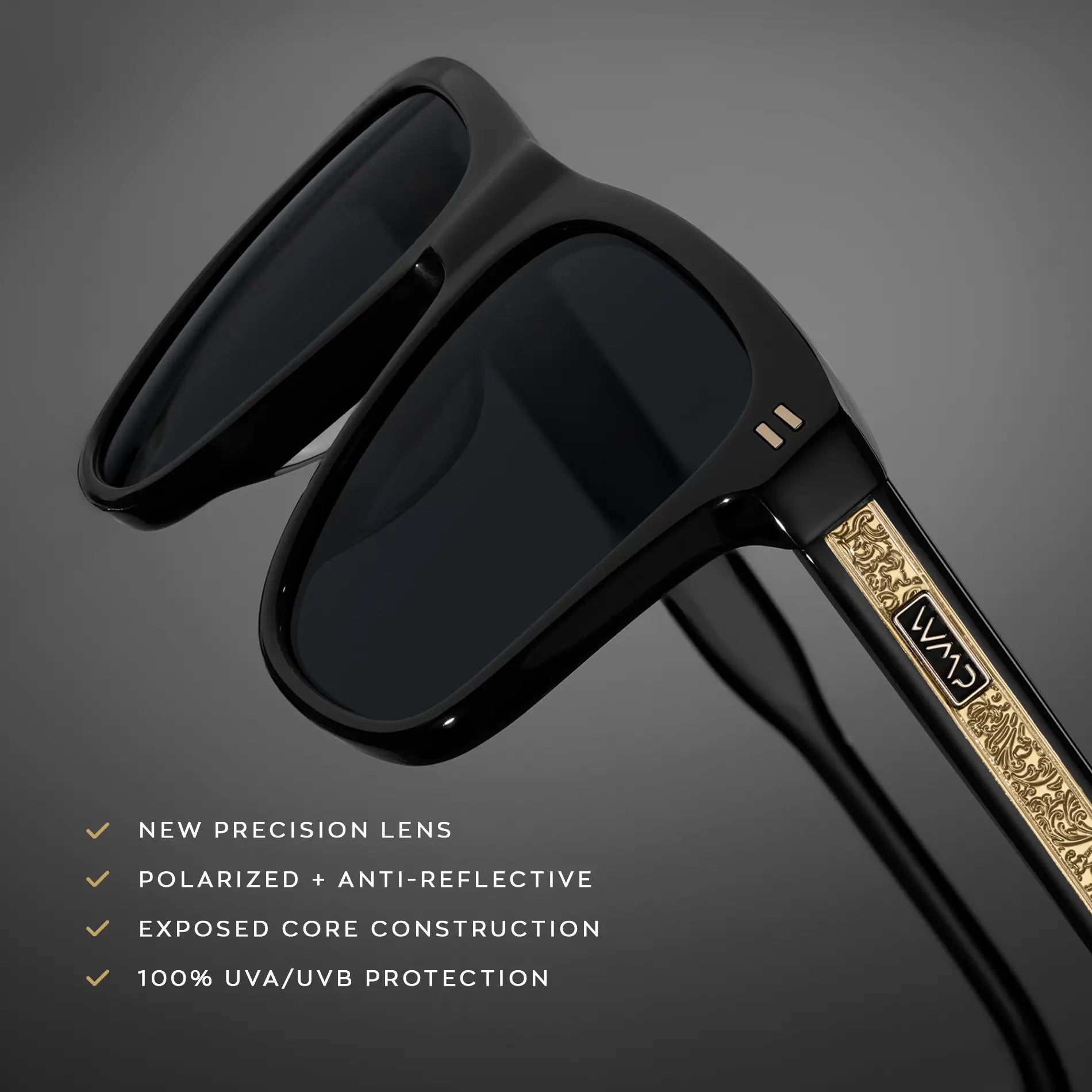 Black / Triple Black Lens || Graphic showcasing style features Exposed Core Construction, Durable 5-Barrel Hinges, and Polarized and Anti-Reflective Lens