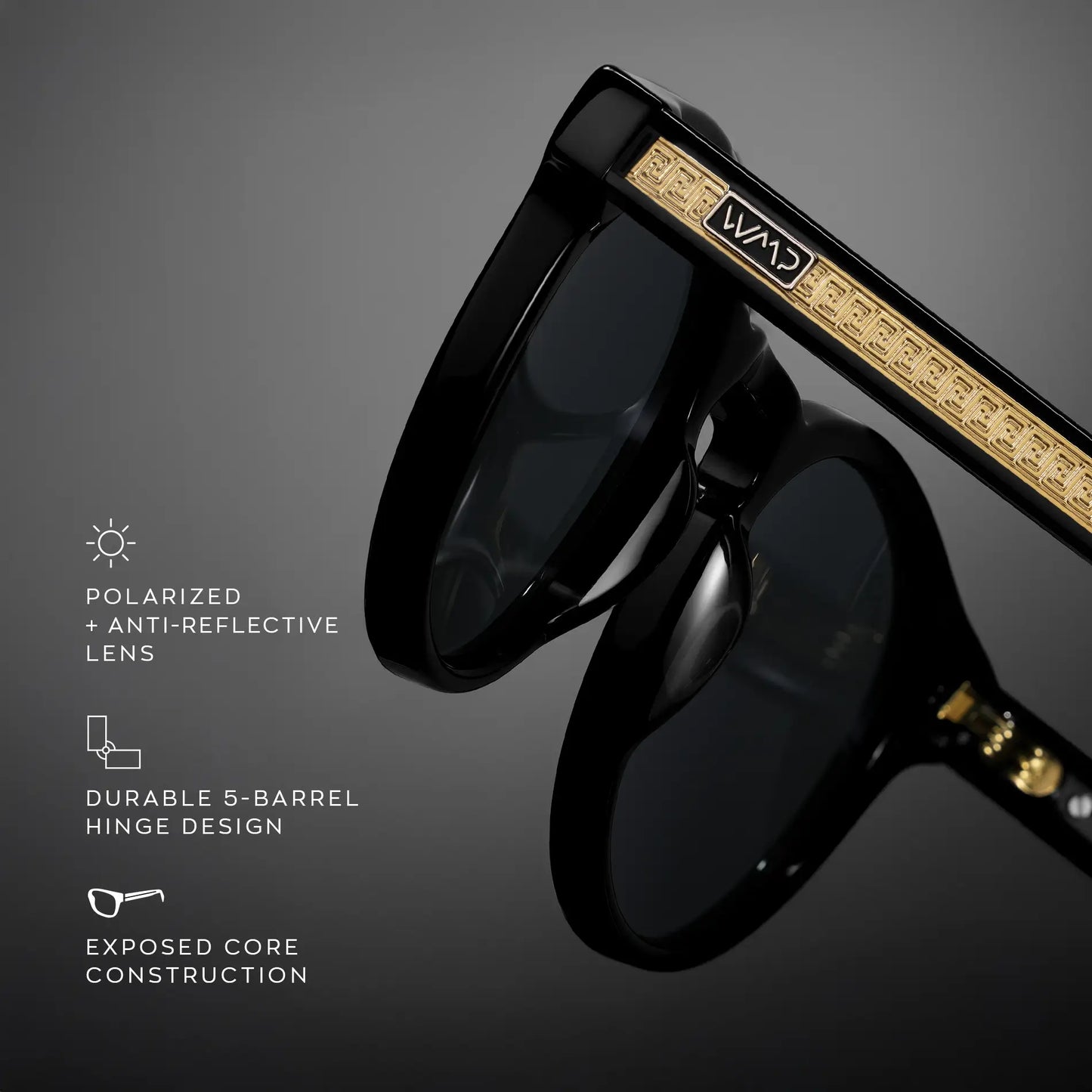 Black / Triple Black Lens || Graphic showcasing style features Exposed Core Construction, Durable 5-Barrel Hinges, and Polarized and Anti-Reflective Lens