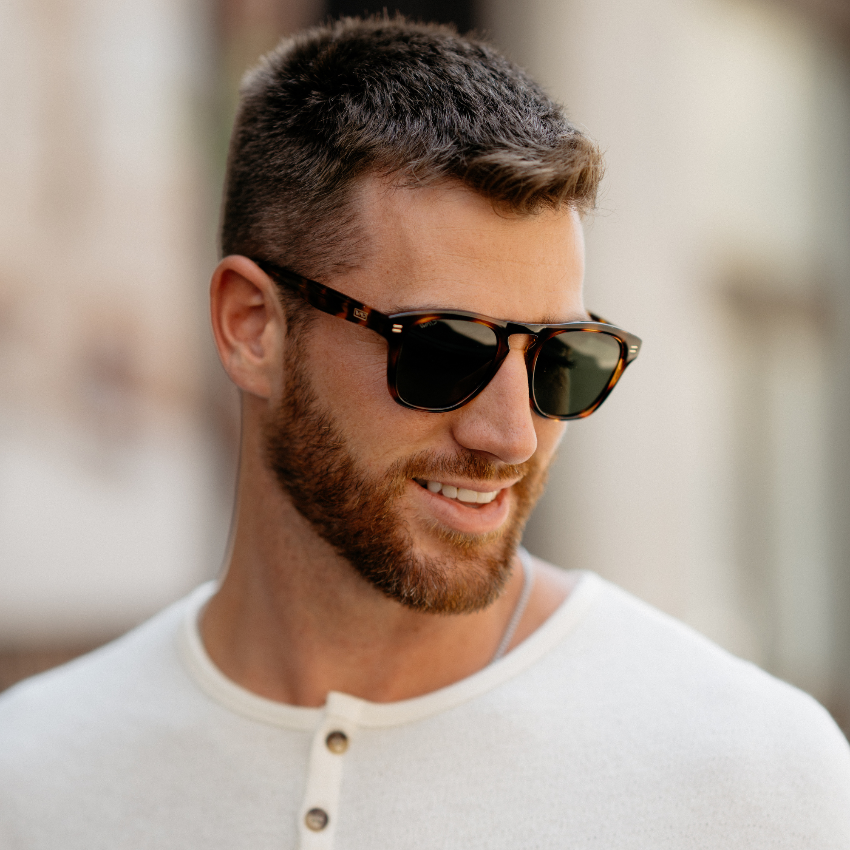 Whiskey Brown Tortoise / Smoke Green Lens || Sleek and thick square frame polarized sunglasses for men with a acetate frame in a whiskey brown tortoise frame and smoke green lenses