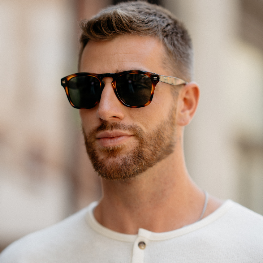 Whiskey Brown Tortoise / Smoke Green Lens || Sleek and thick square frame polarized sunglasses for men with a acetate frame in a whiskey brown tortoise frame and smoke green lenses
