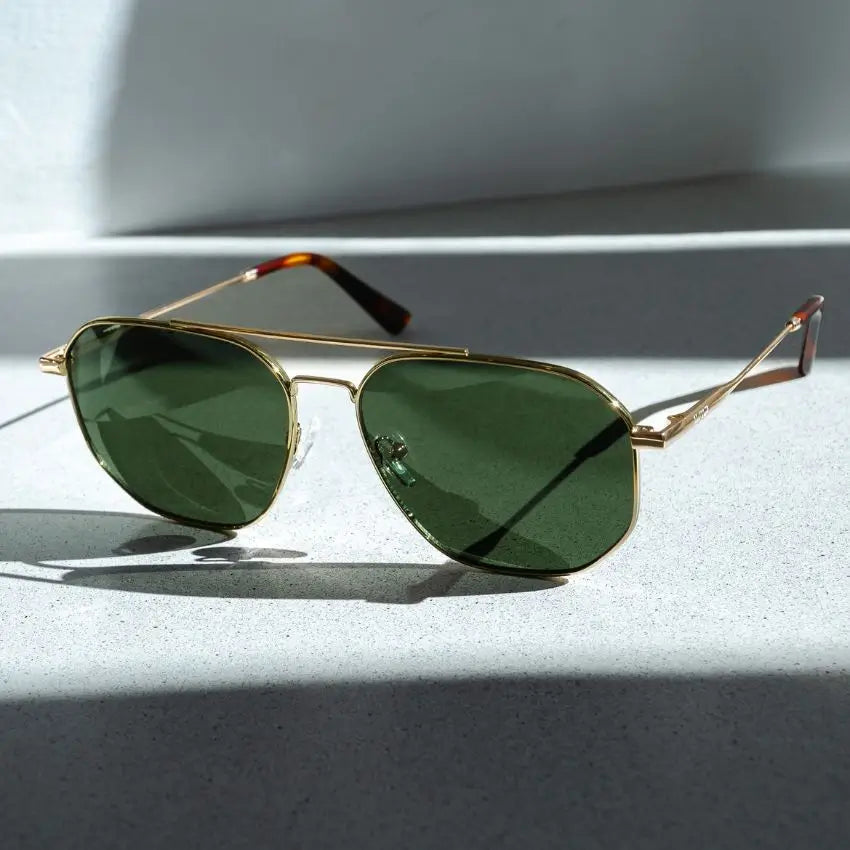 Gold / Smoke Green Lens || Men's Modern Double Bridge Aviator Sunglasses with Gold Frame and Green Polarized Lenses