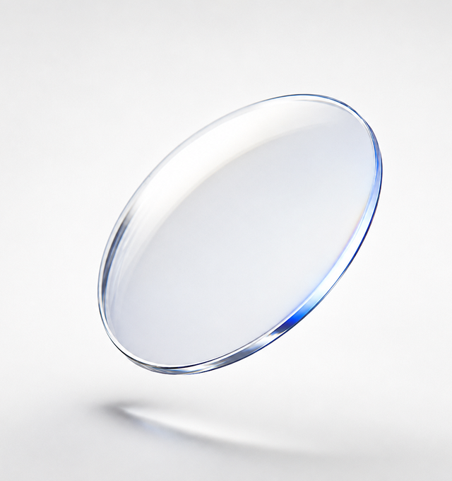 Clear lens shown at an angle, highlighting optical clarity and edge precision