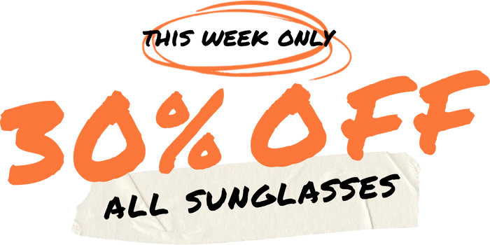 Promotional sign with '30% off all sunglasses' offer on a white background