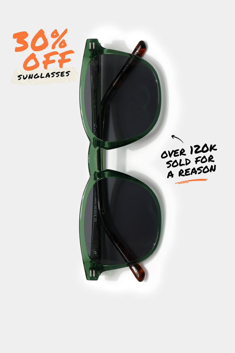 30% Off Sunglasses — WMP Eyewear translucent emerald green sunglasses with black lenses and tortoiseshell tips, over 120K sold