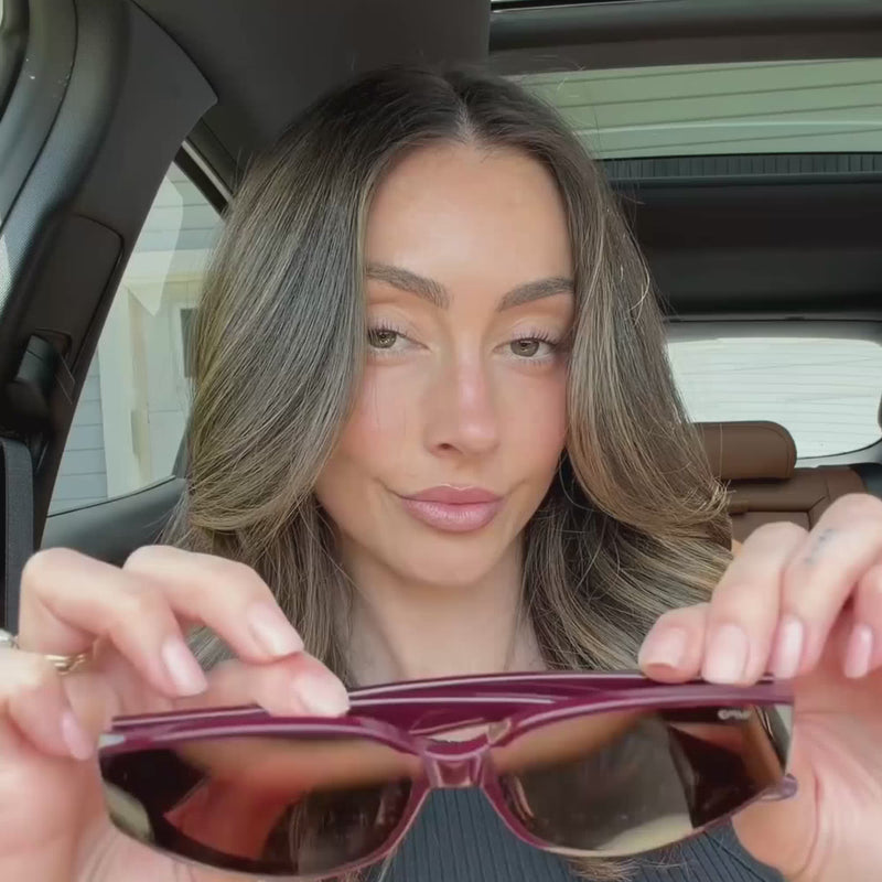 Black Cherry Red / Dark Brown Lens || Women's Narrow Cat-Eye Sunglasses with Dark Red Acetate frame and Non-Polarized Dark Brown Lens