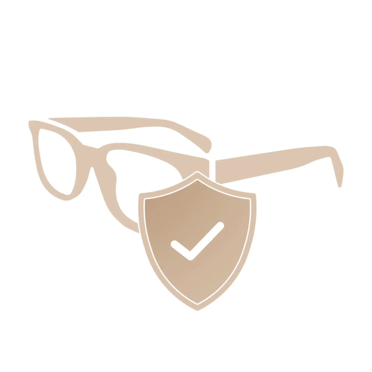 6 Months Protection Plan || Side view of brown sunglasses. A brown badge with a checkmark partially covers the glasses
