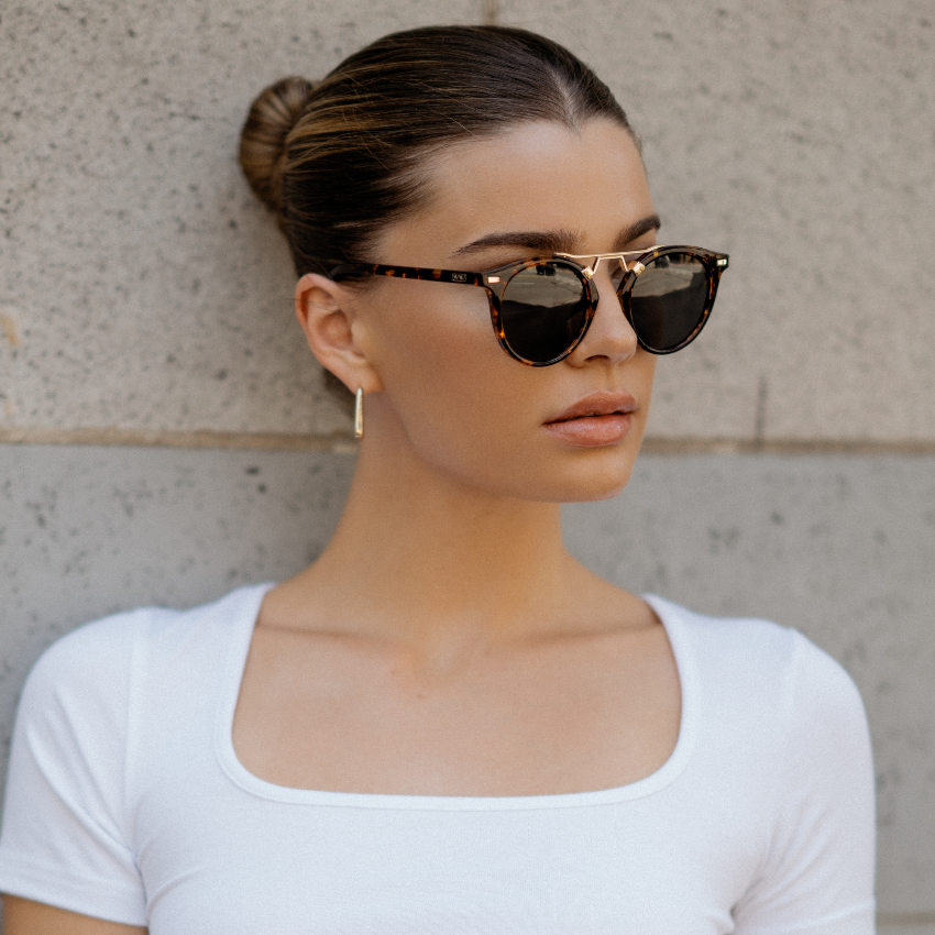 Tortoise / Black Lens || Double Bridge Round Retro Polarized Sunglasses with Tortoise Frame Black Lens and Gold Fashion Accents
