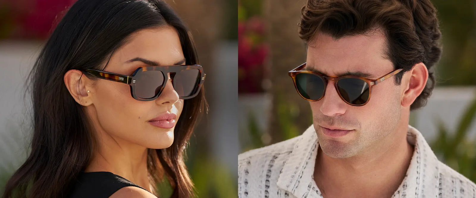 Split image: on the left, a woman with long dark hair wearing a black top and WMP Eyewear oversized tortoiseshell sunglasses with dark brown lenses and gold hardware; on the right, a man with curly dark hair wearing a white patterned shirt and WMP Eyewear round tortoiseshell sunglasses with dark green lenses, both photographed outdoors with soft backgrounds.