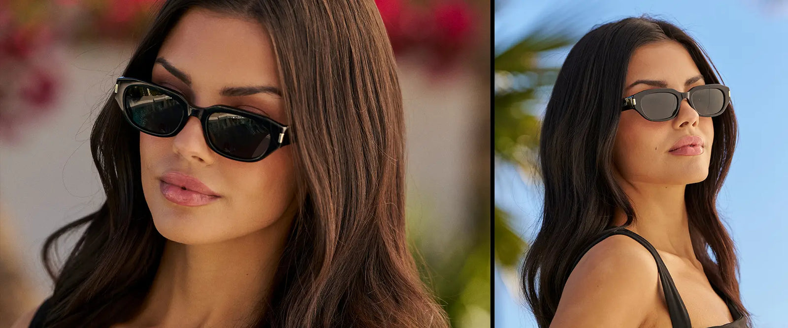 Two views of a woman wearing WMP Eyewear Vera black oval cat-eye sunglasses with triple black lenses