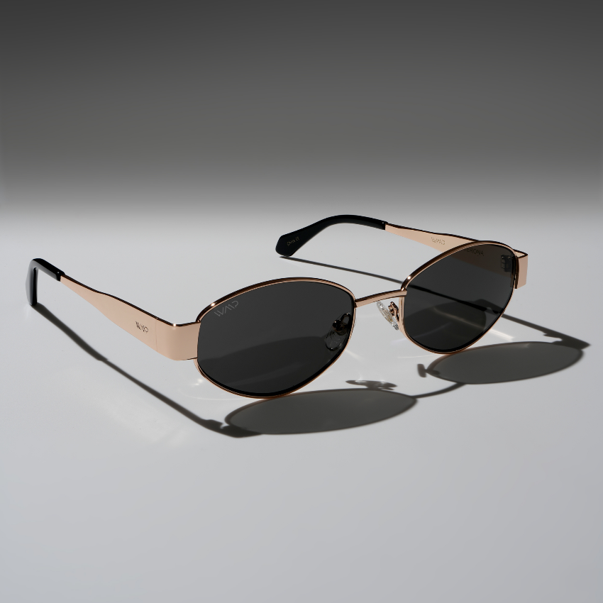 Gold / Black Lens || Trendy oval shape gold metal thick temple sunglasses with black lenses