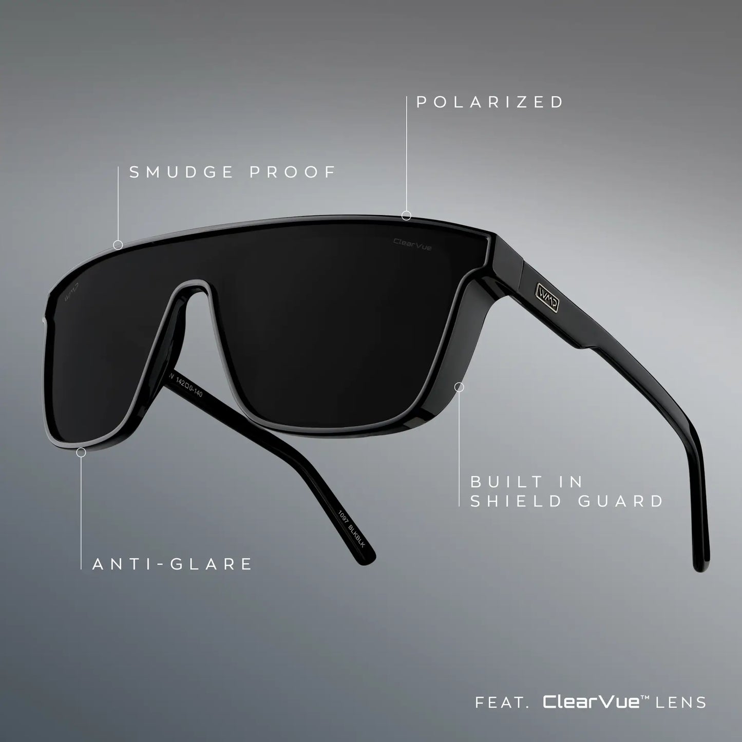 Crimson Red / Black Lens || infographic of black frame polarized black lenses that are smudge proof, offer anti-glare, and have shield guards on each side of the frame.