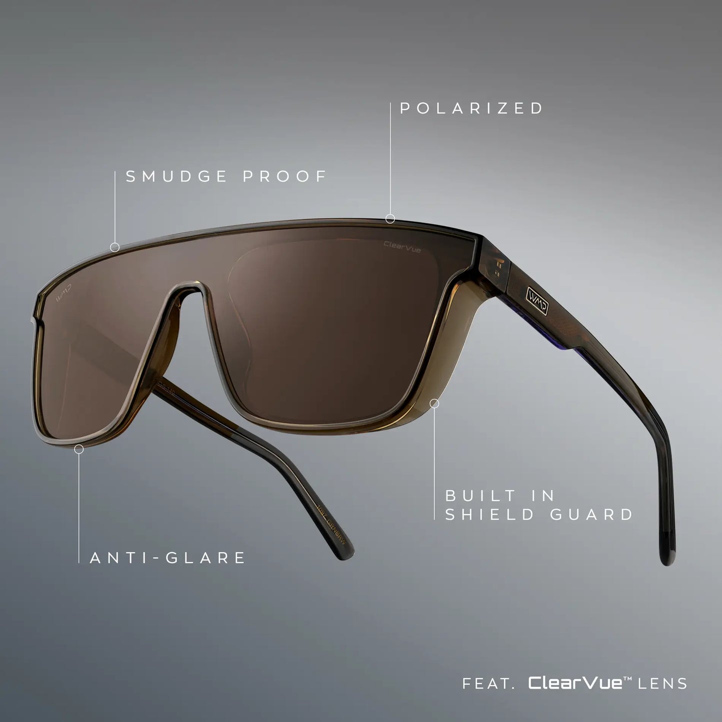 Crystal Verde / Brown Lens || infographic of crystal verde frame polarized brown lenses that are smudge proof, offer anti-glare, and have shield guards on each side of the frame.