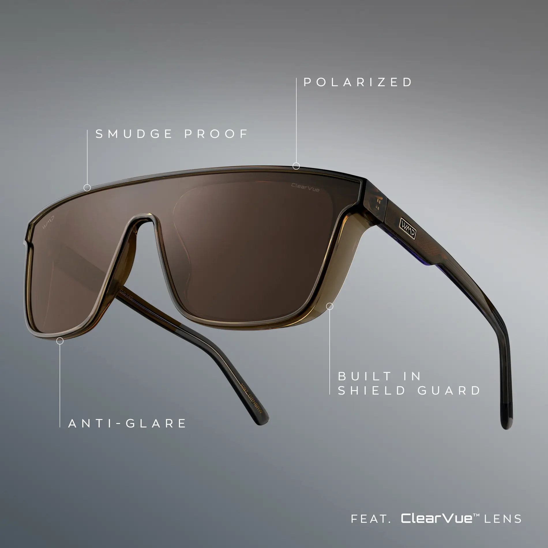 Crystal Verde / Brown Lens || infographic of crystal verde frame polarized brown lenses that are smudge proof, offer anti-glare, and have shield guards on each side of the frame.