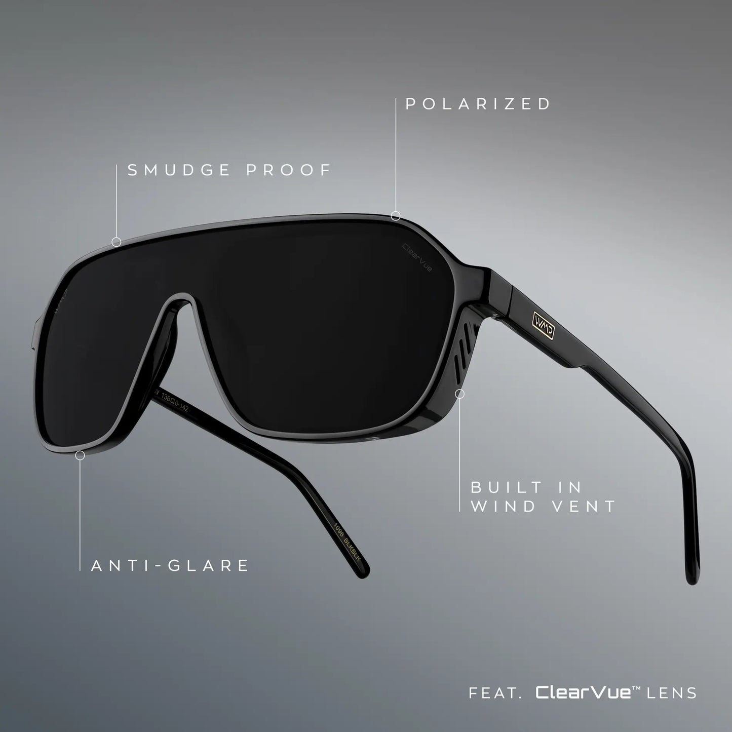 Crimson Red / Black Lens || infographic of sunglass features that include ClearVue lens with smudge proof, anti-glare and polarized lens with built in wind vent on sides of frame.