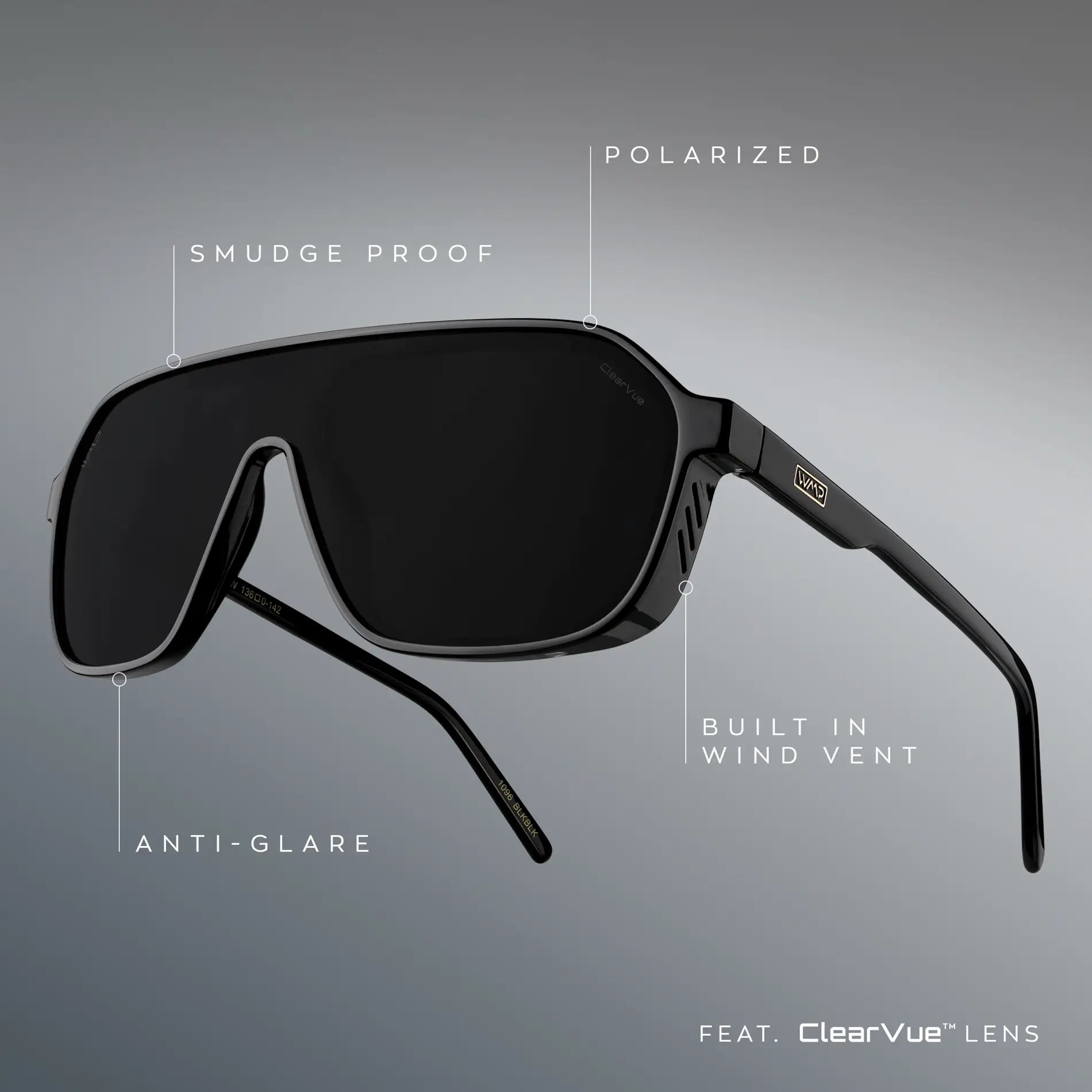 Crimson Red / Black Lens || infographic of sunglass features that include ClearVue lens with smudge proof, anti-glare and polarized lens with built in wind vent on sides of frame.