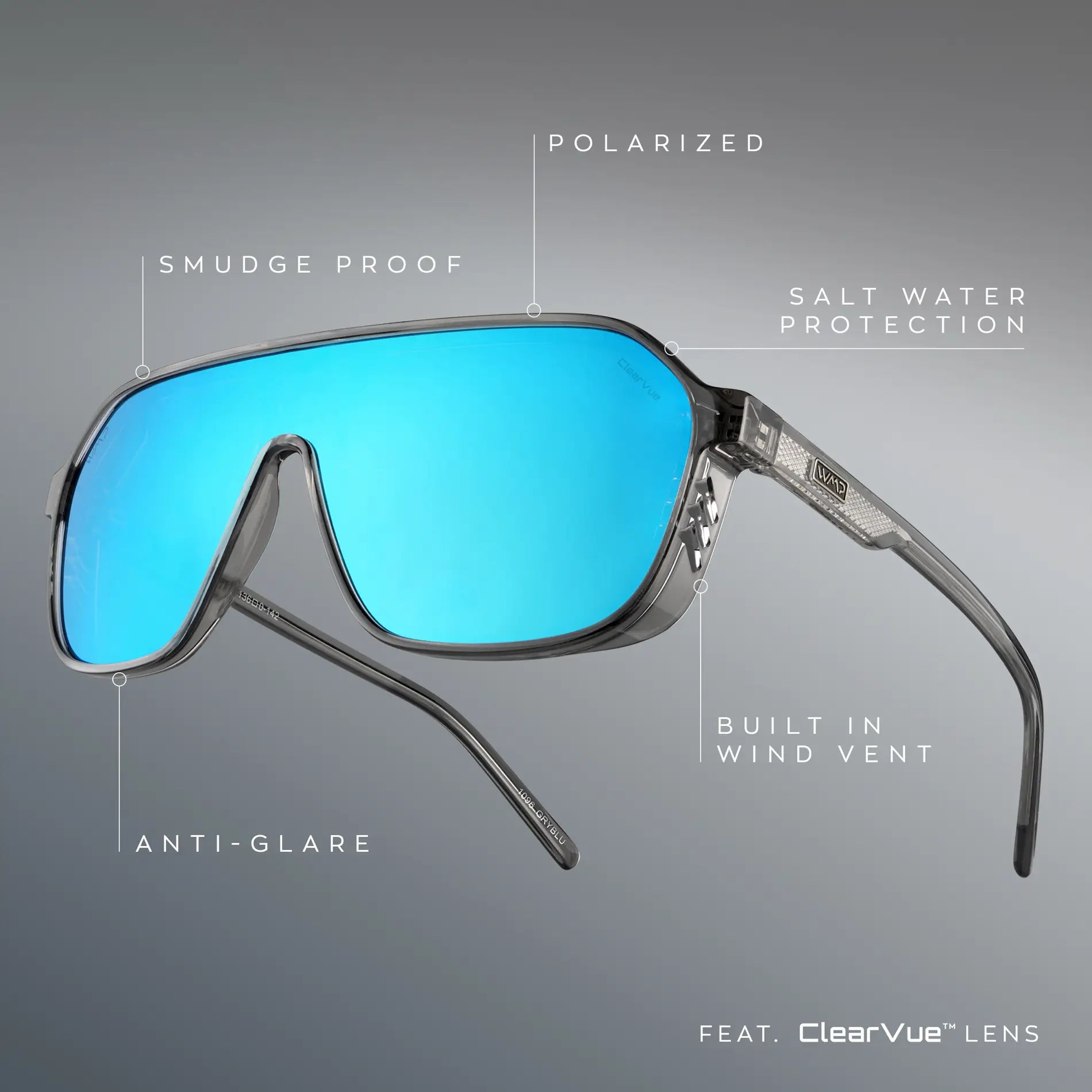 Ash Grey / Mirror Blue Lens || infographic of grey frame polarized mirror blue lenses that are smudge proof, offer anti-glare, and have shield guards with vents on each side of the frame.