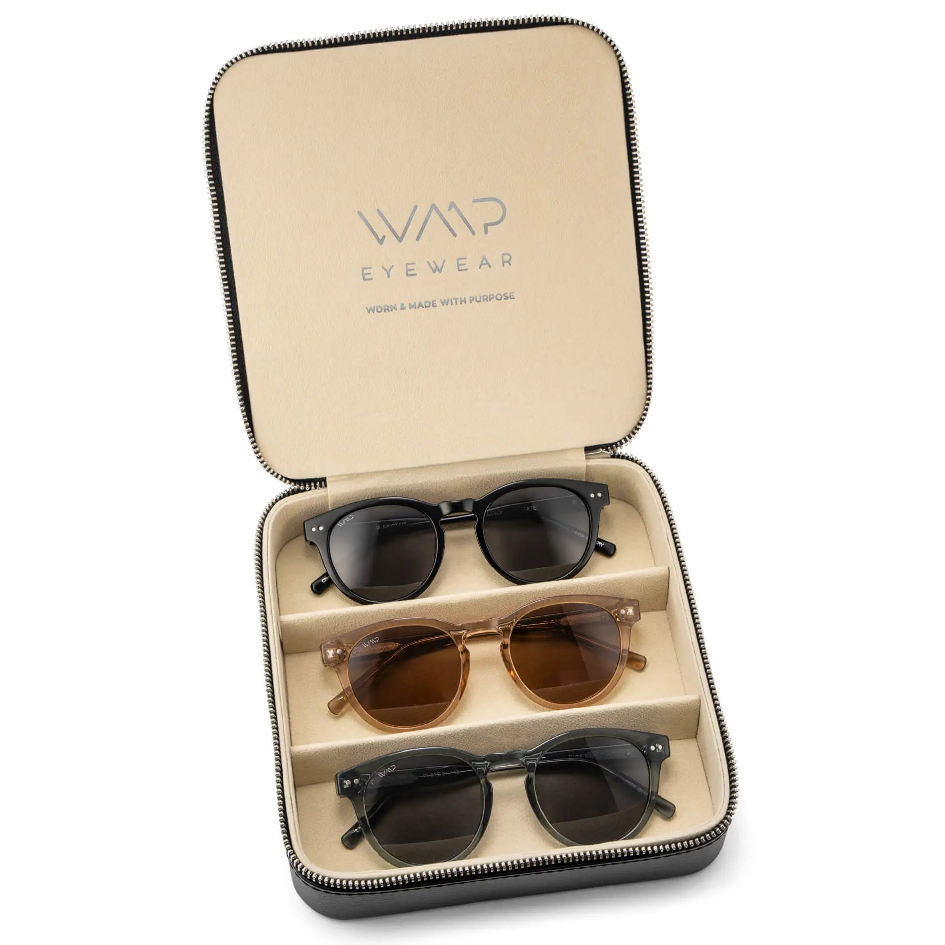 Black Case || Three pairs of sunglasses in black, translucent brown, and dark gray frames in a tan zippered case