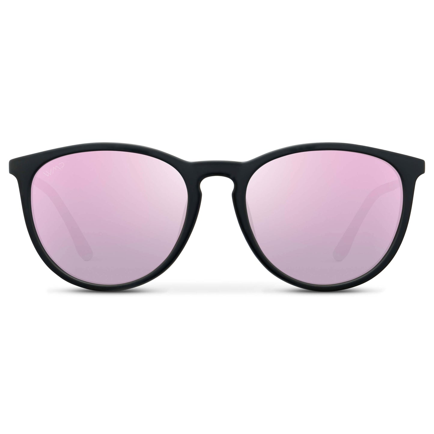 Soft Black / Mirror Pink || Classic Round Frame Sunglasses with Black Frame and Mirror Pink Lenses