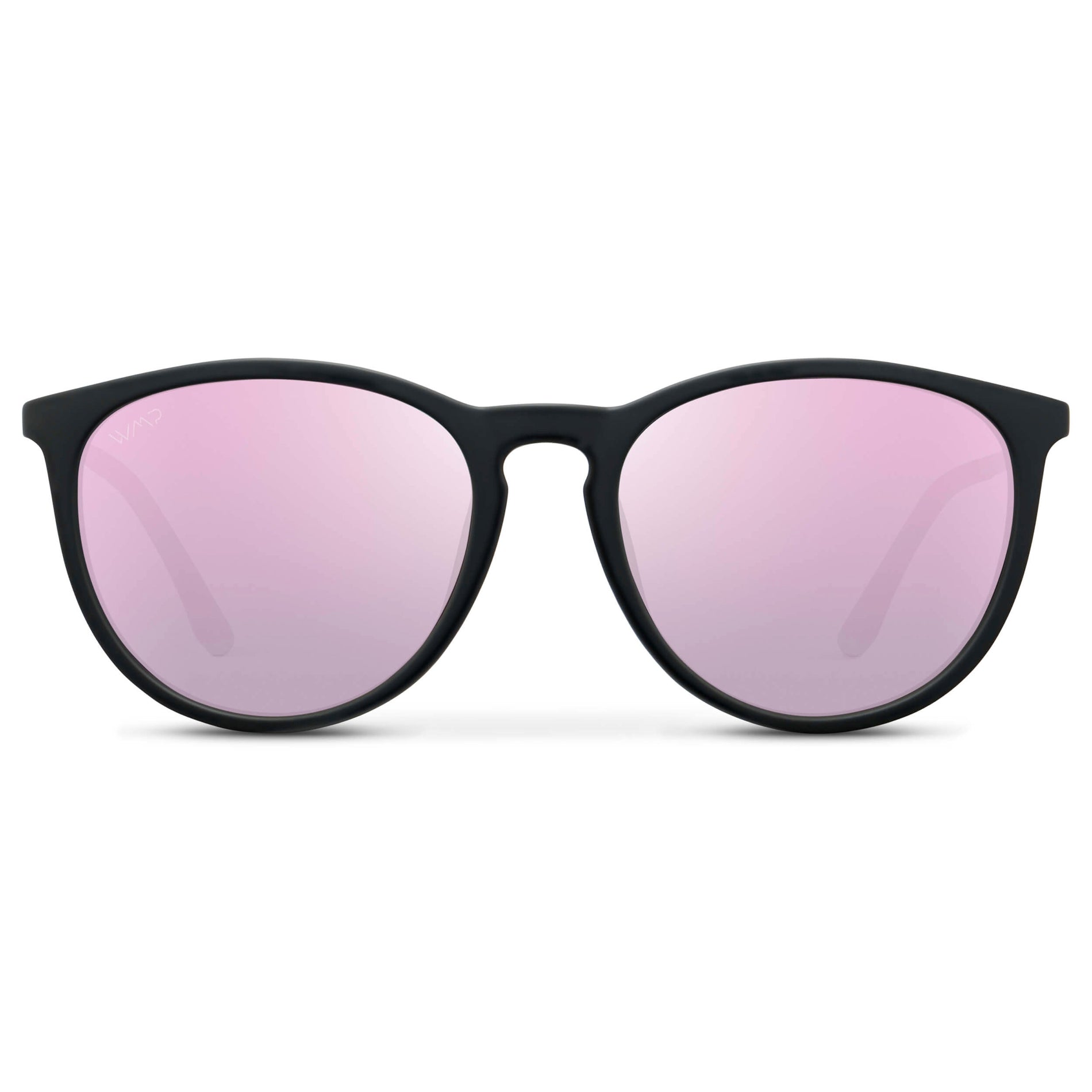 Soft Black / Mirror Pink || Classic Round Frame Sunglasses with Black Frame and Mirror Pink Lenses