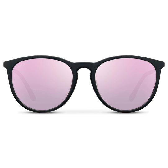 Soft Black / Mirror Pink || Classic Round Frame Sunglasses with Black Frame and Mirror Pink Lenses
