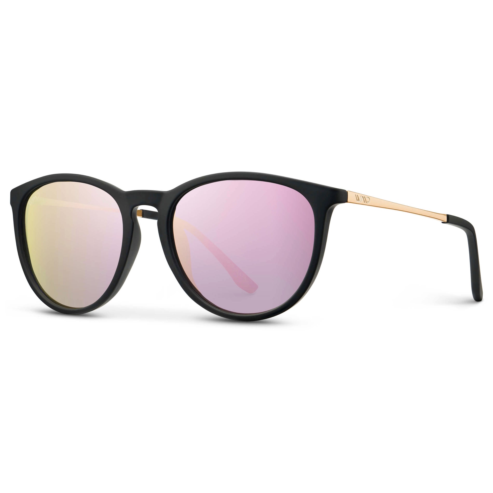 Soft Black / Mirror Pink || Lightweight Round Frame Polarized Sunglasses with Gold Stainless Steel Arms