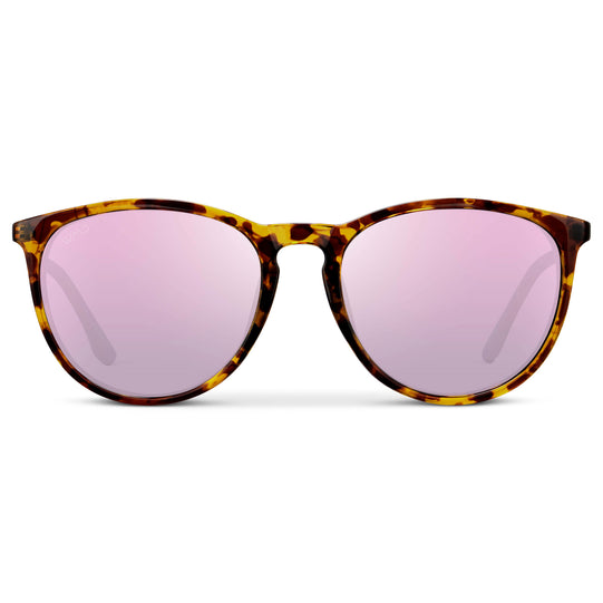 Brown Tortoise / Mirror Pink Lens || Classic Round Frame Sunglasses with Tortoise Frame and Mirror Pink Lenses