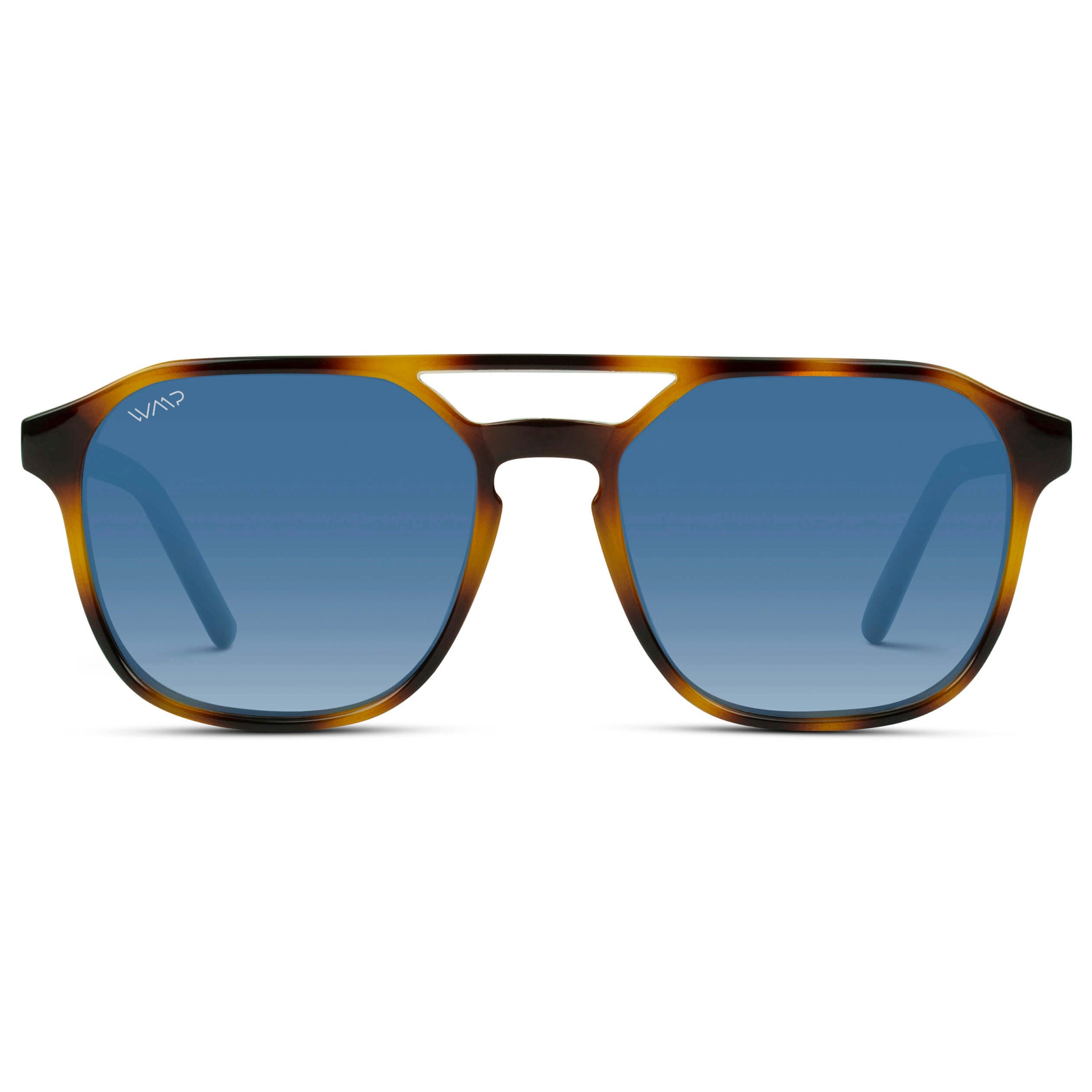 Whiskey Brown Tortoise / Blue Gradient Lens || Modern Square Double Bridge Aviator Sunglasses with Blue Polarized Lenses