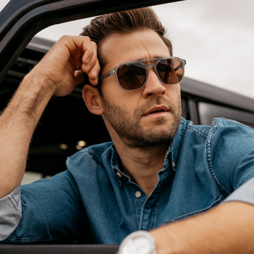 Moonrock Grey / Brown Lens || Classic Double Bridge Aviator Sunglasses with Modern Grey Square Frame