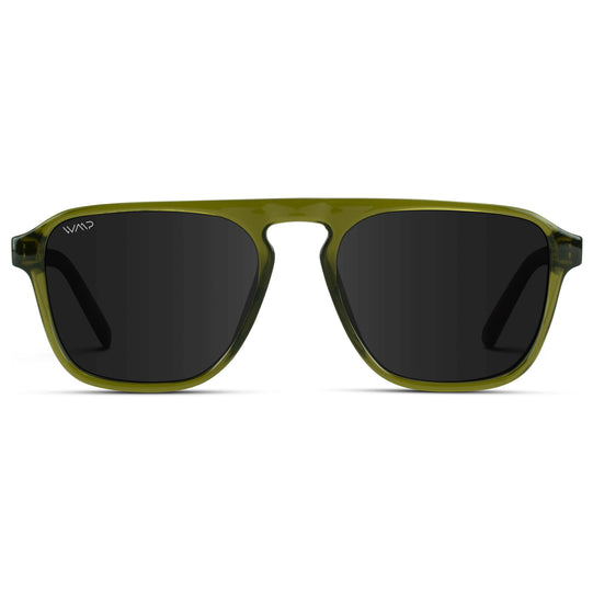 Crystal Saguaro Green / Black Lens || Green Single Bridge Aviator Sunglasses with Black Polarized Lenses